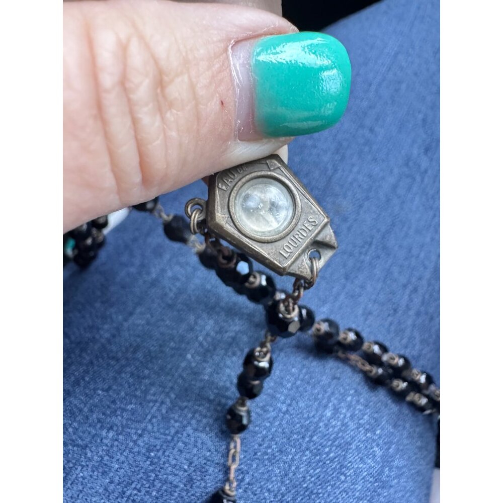 Lourdes Rosary with EAU DE LOURDES Water Relic Black Faceted Beads Brass Crucifi - Picture 8 of 8